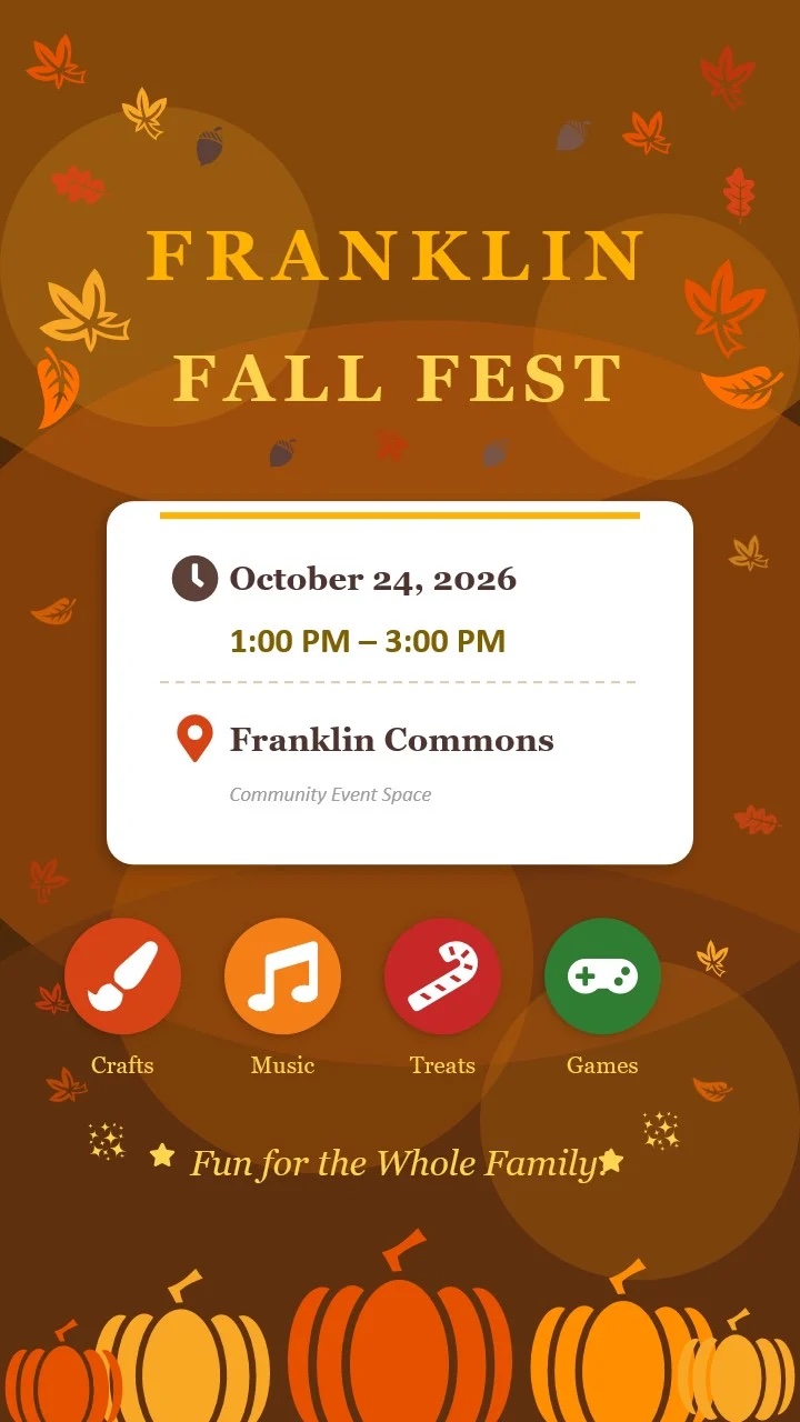 Franklin Fall Fest flyer: October 24, 2026, 1:00 to 3:00 PM, Franklin Commons