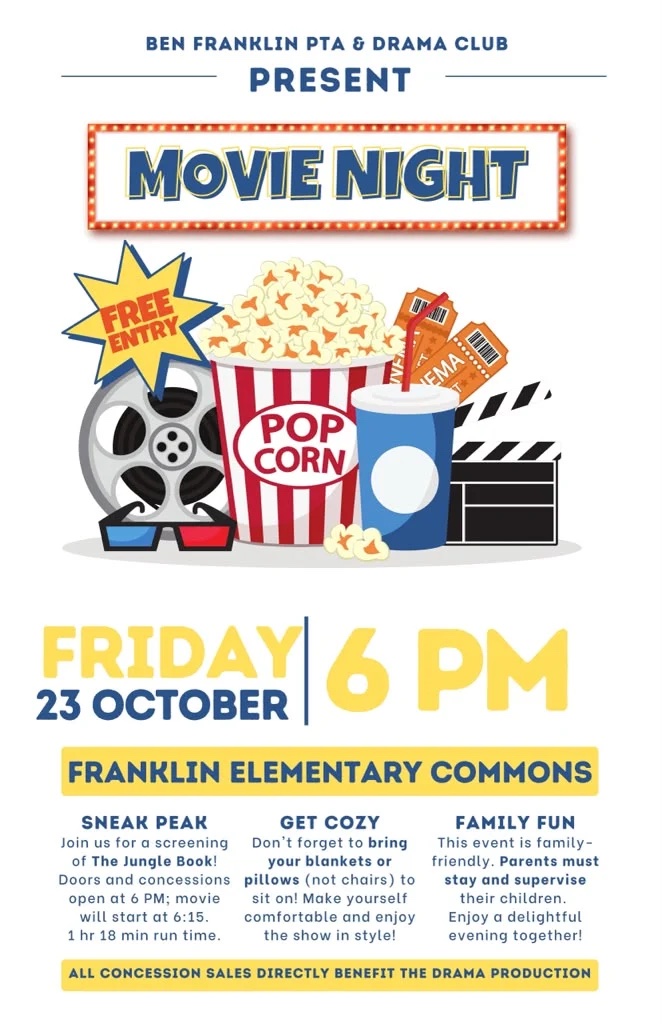 Movie Night flyer: Friday, October 23, 6 PM, Franklin Elementary Commons